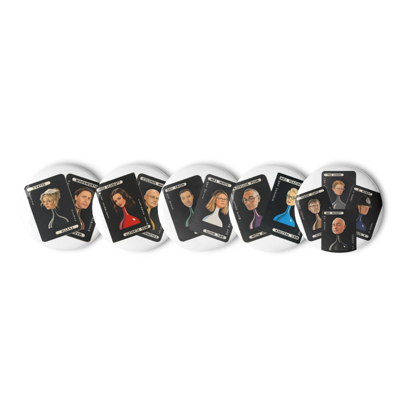 Set of Cluedo Fringe 2026 Commemorative pin buttons mockup